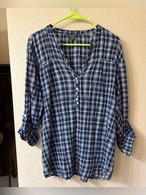 Lucky Brand Navy and White Plaid Button-Front Tunic